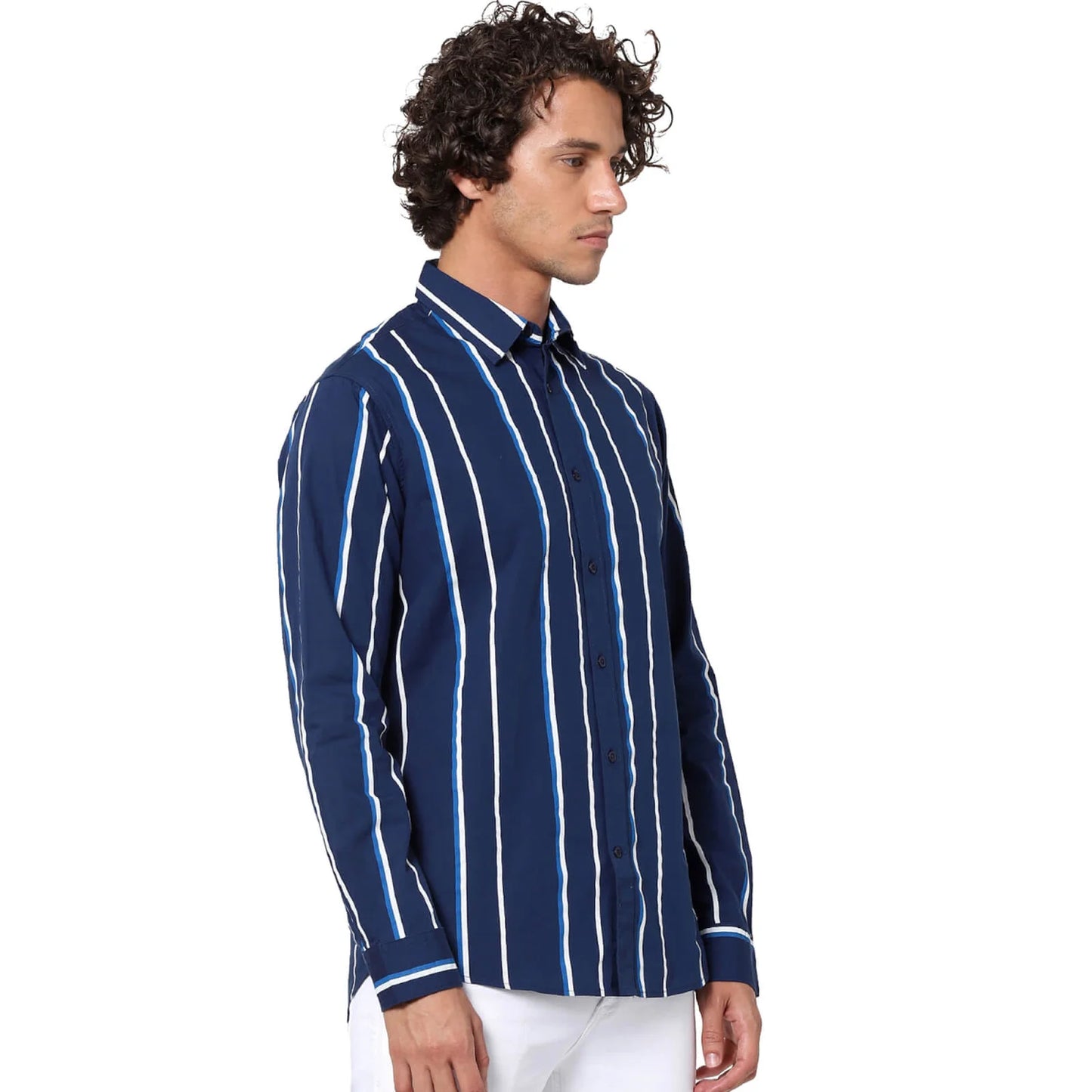 Celio* Striped Regular Fit Cotton Navy Blue Shirt
