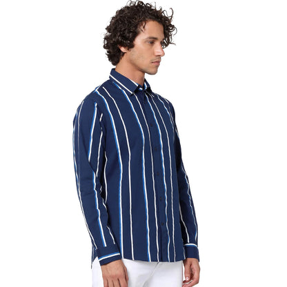 Celio* Striped Regular Fit Cotton Navy Blue Shirt