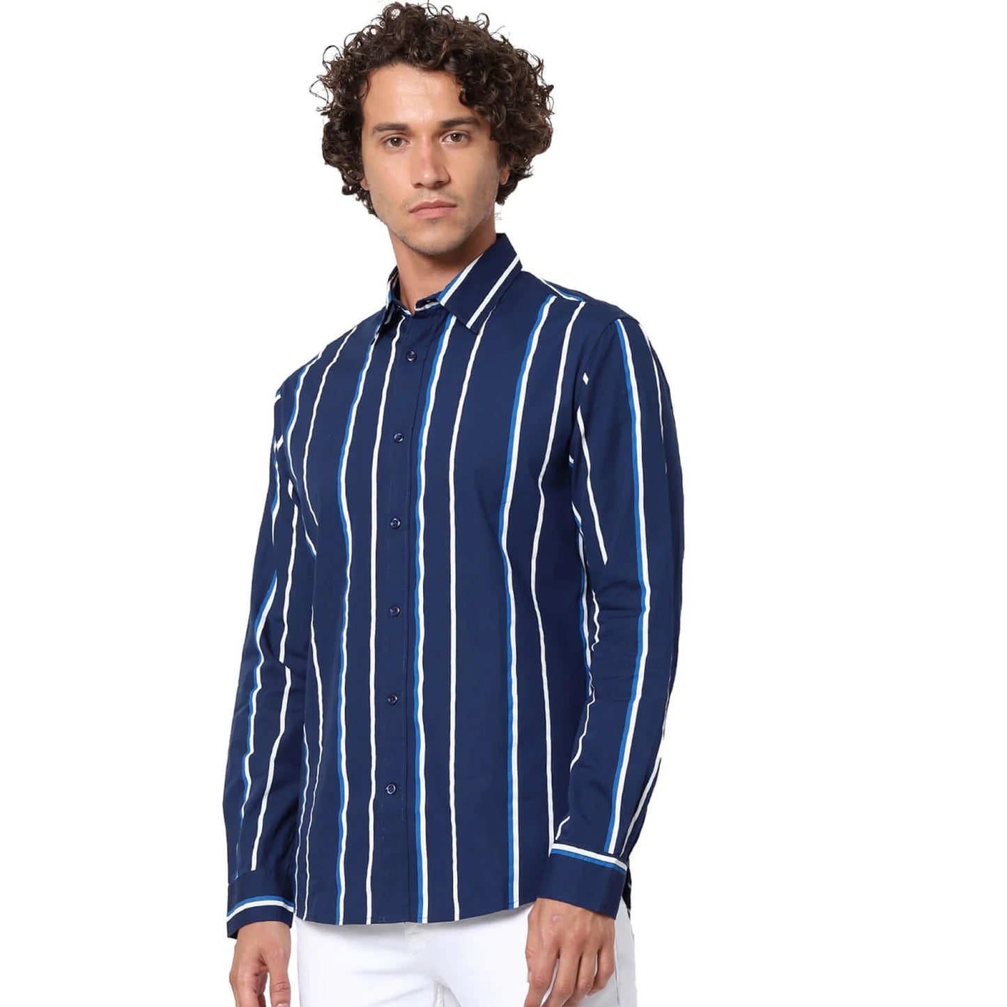 Celio* Striped Regular Fit Cotton Navy Blue Shirt