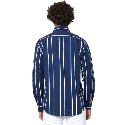 Celio* Striped Regular Fit Cotton Navy Blue Shirt