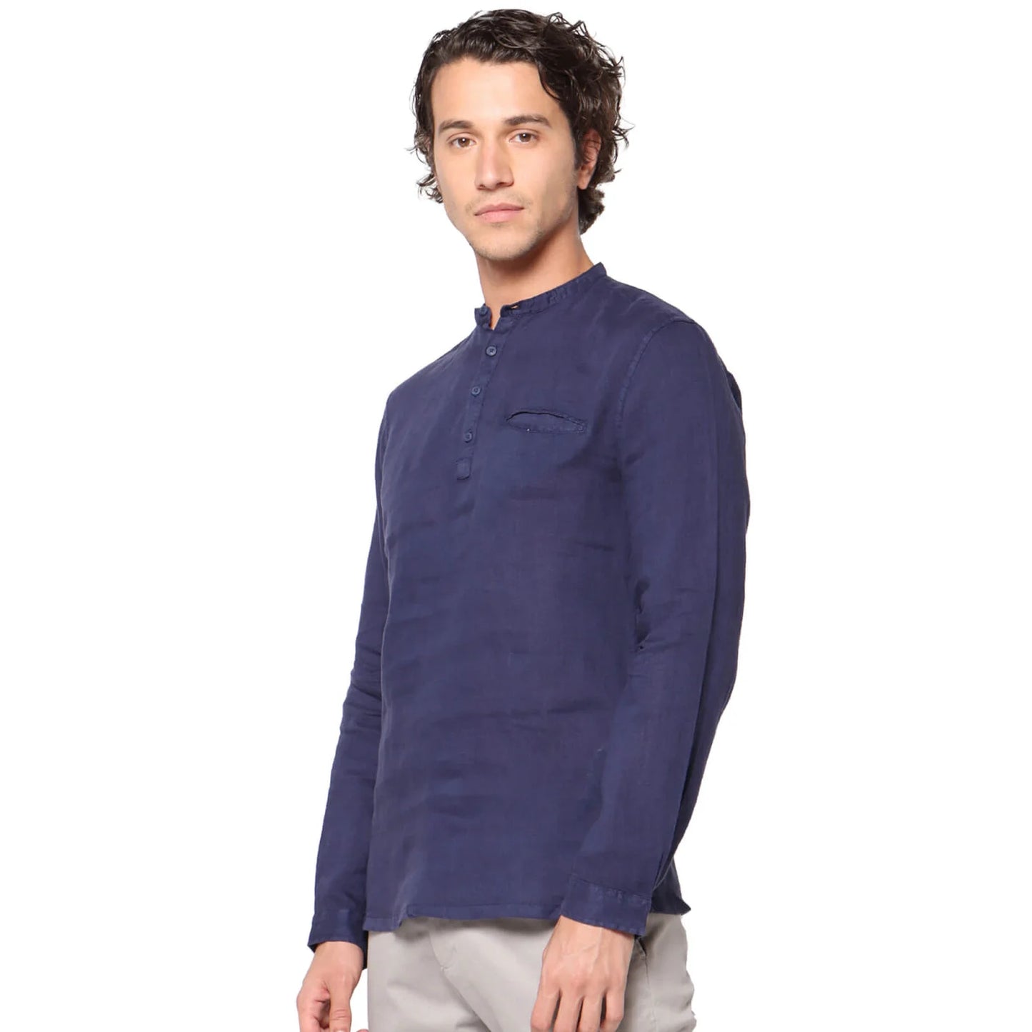 Navy Blue Solid Linen Shirt