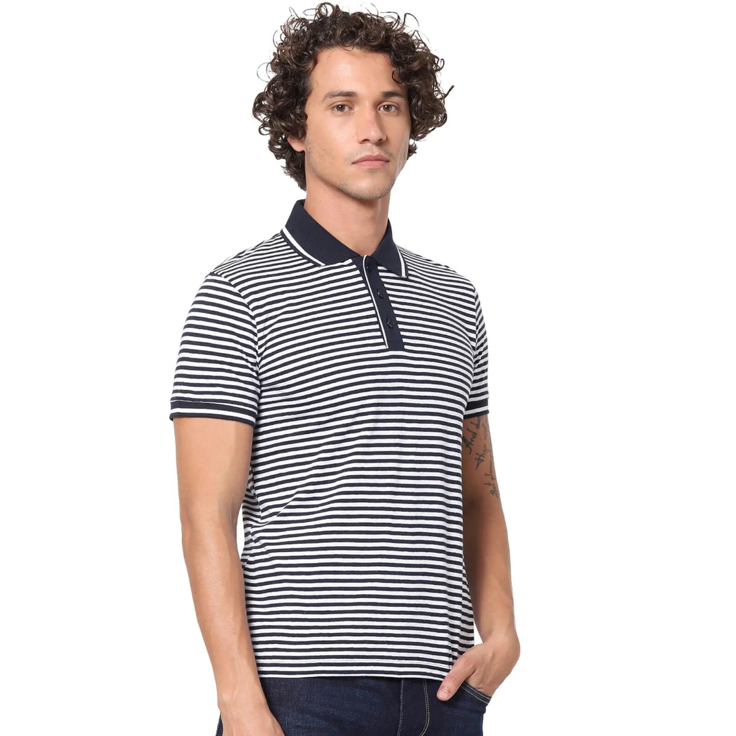 Blue Striped Linen-Blend Polo