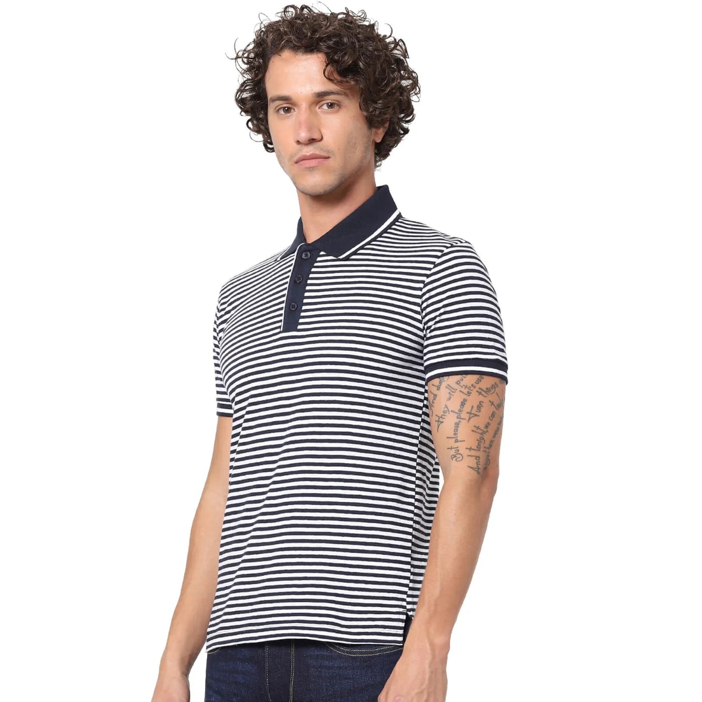 Blue Striped Linen-Blend Polo