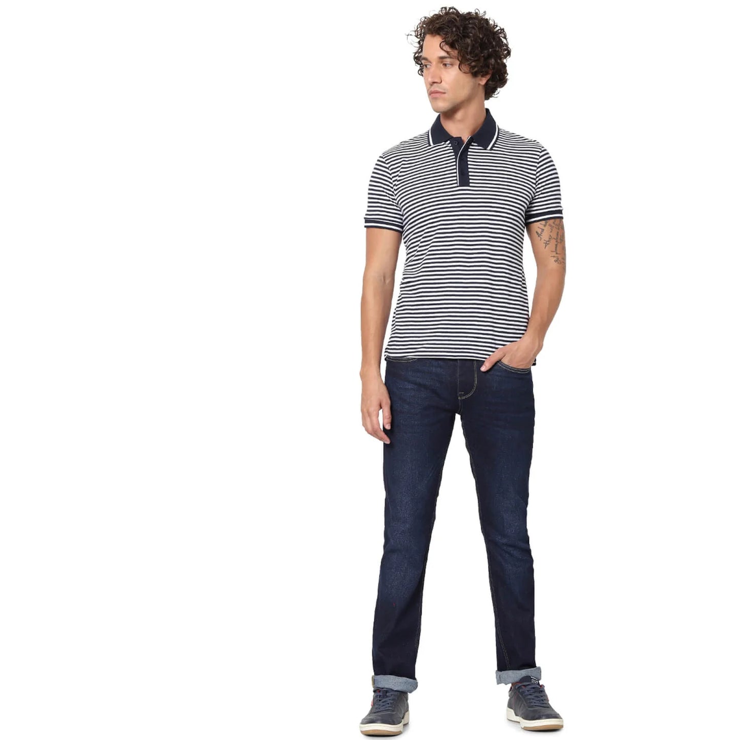 Blue Striped Linen-Blend Polo