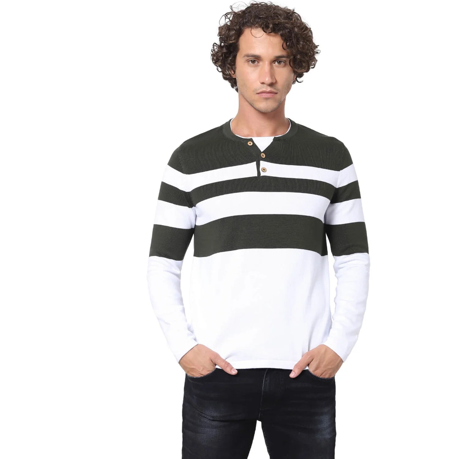 Olive Striped Cotton Sweater