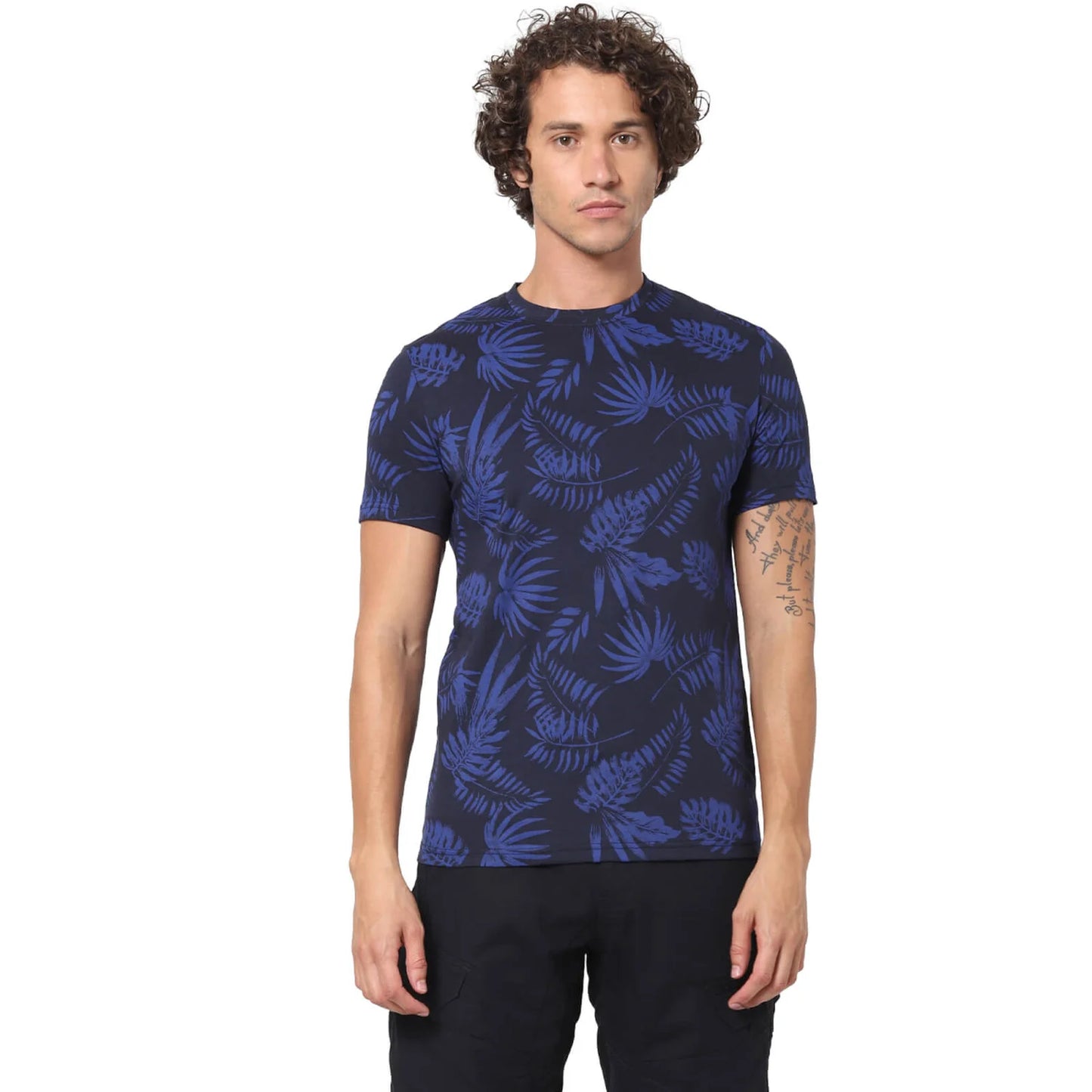 Navy Blue Floral Cotton T-shirt