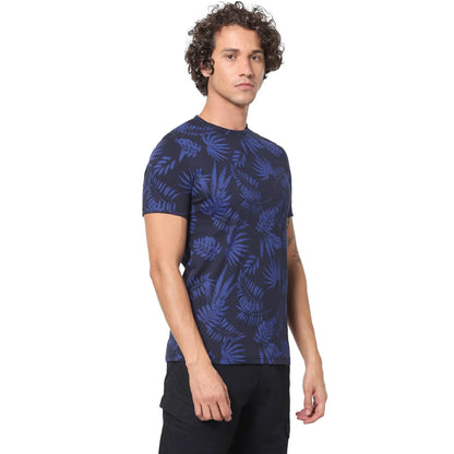 Navy Blue Floral Cotton T-shirt