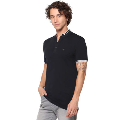 Black Solid Cotton Blend Polo