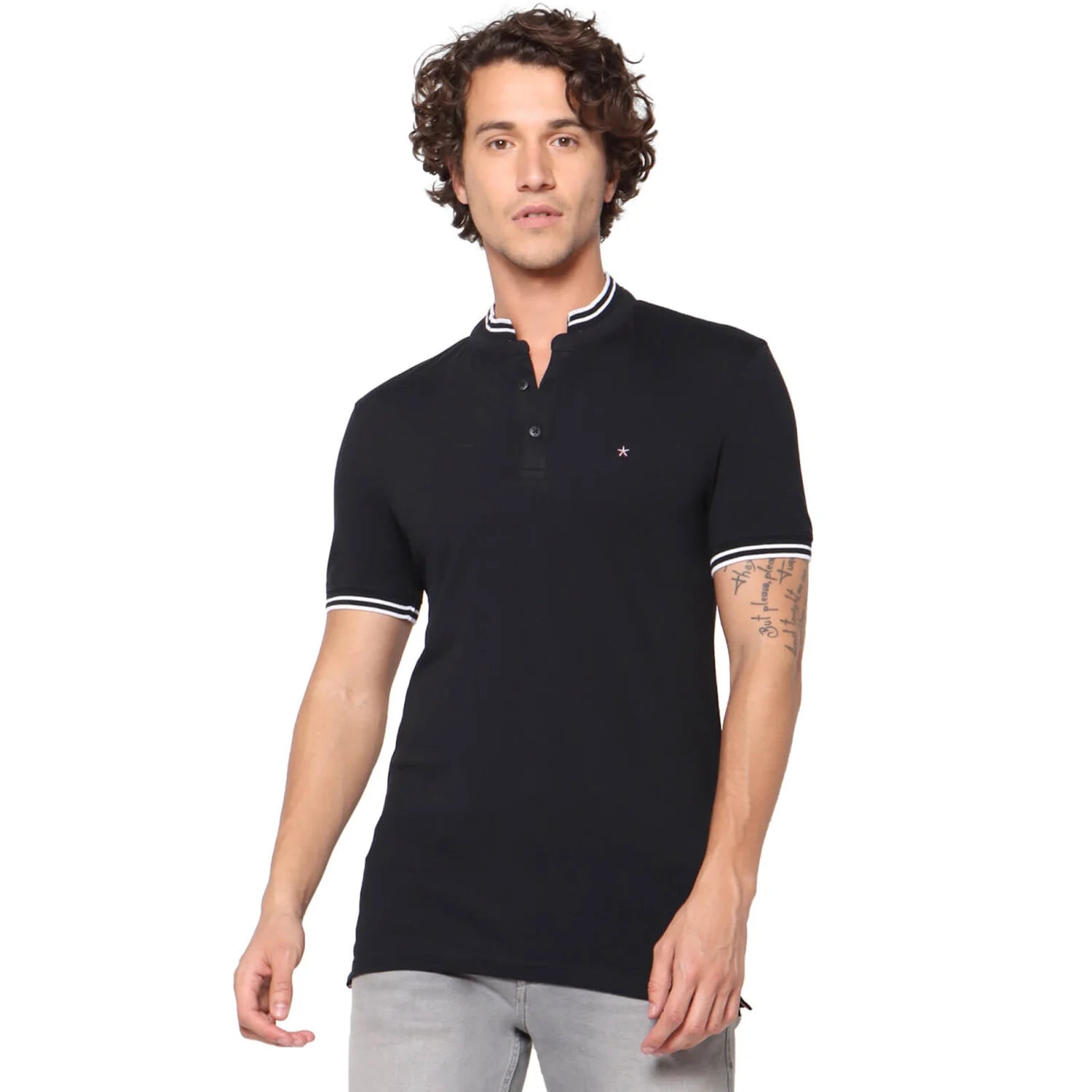 Black Solid Cotton Blend Polo