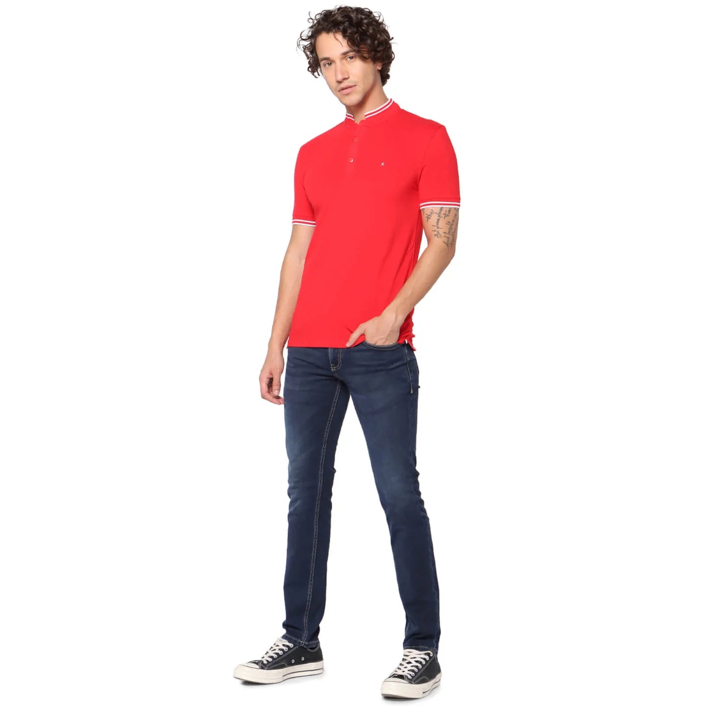 Red Solid Cotton Blend Polo