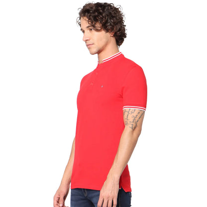 Red Solid Cotton Blend Polo