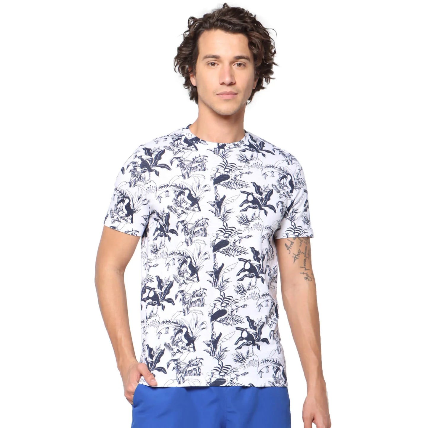 Navy Blue Floral Cotton T-shirt