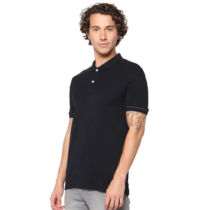 Black Solid Cotton Polo