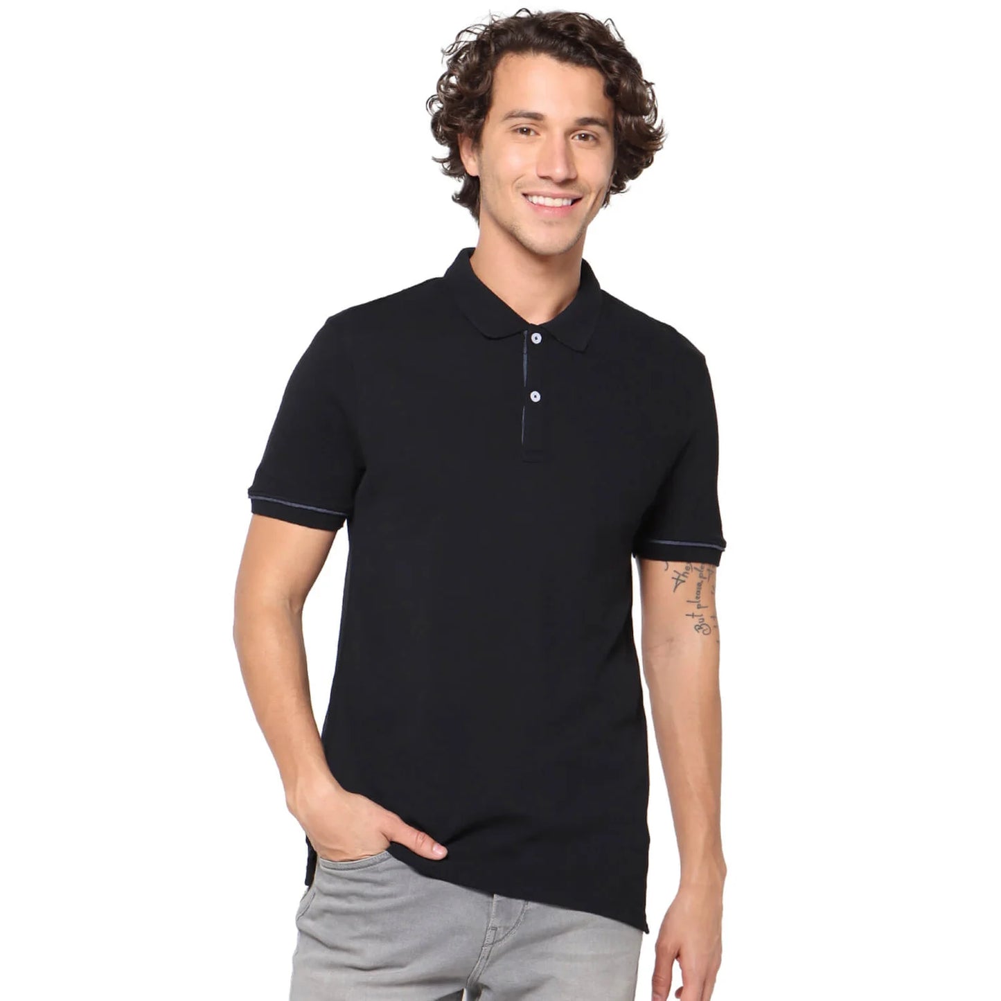 Black Solid Cotton Polo