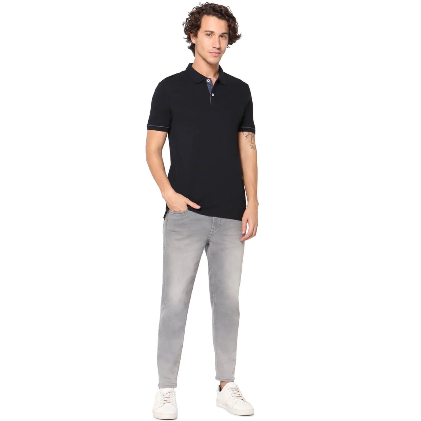 Black Solid Cotton Polo