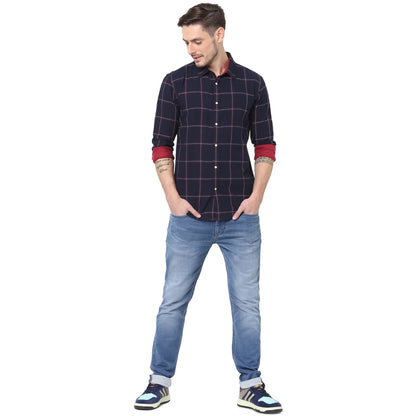 Celio* Checked Regular Fit Cotton Navy Blue Shirt