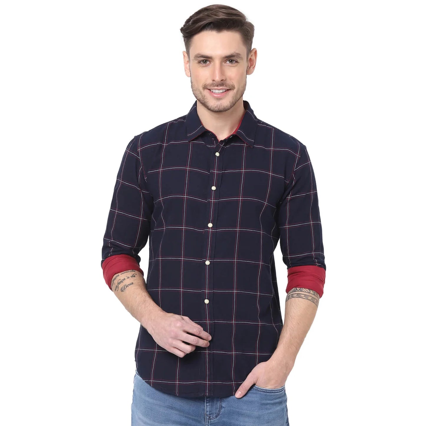 Navy Blue Checks Cotton Shirt