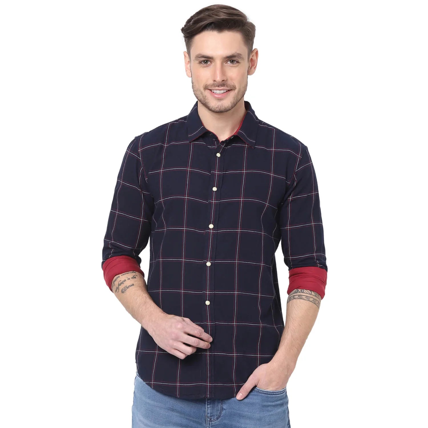 Celio* Checked Regular Fit Cotton Navy Blue Shirt
