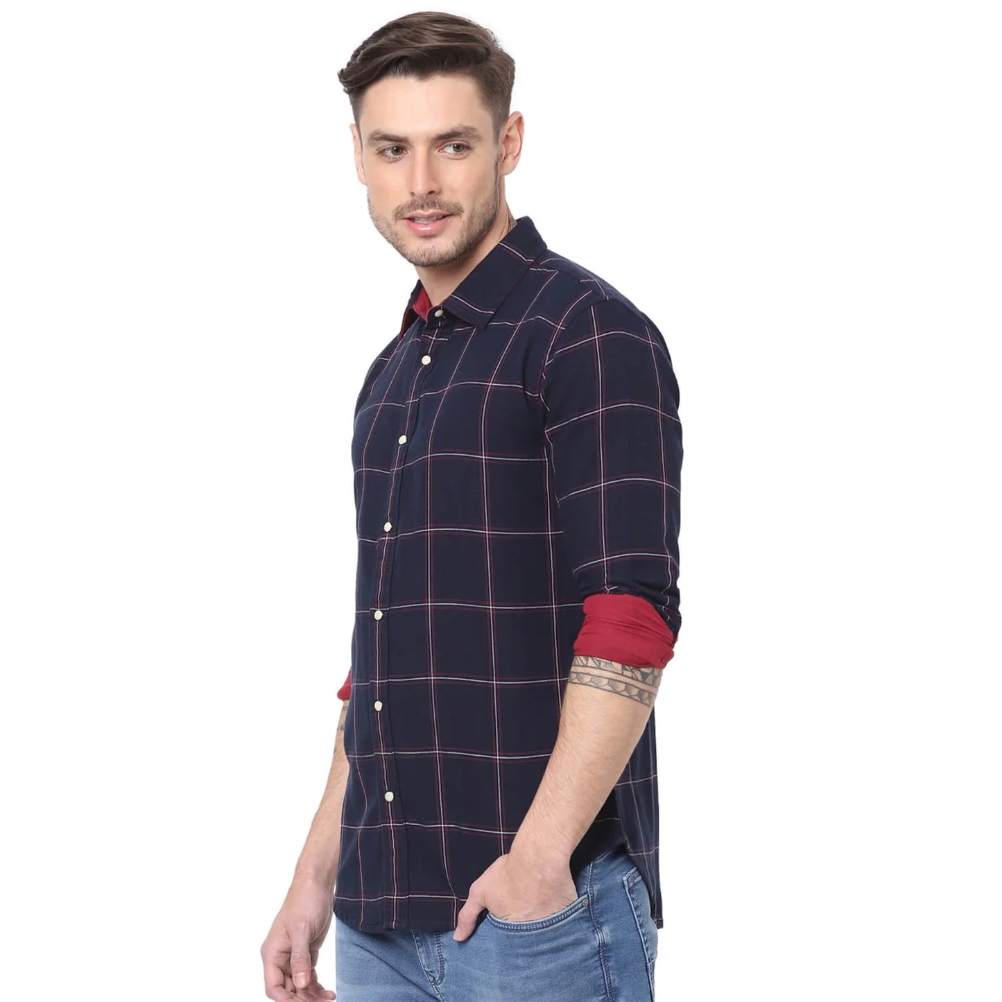 Celio* Checked Regular Fit Cotton Navy Blue Shirt