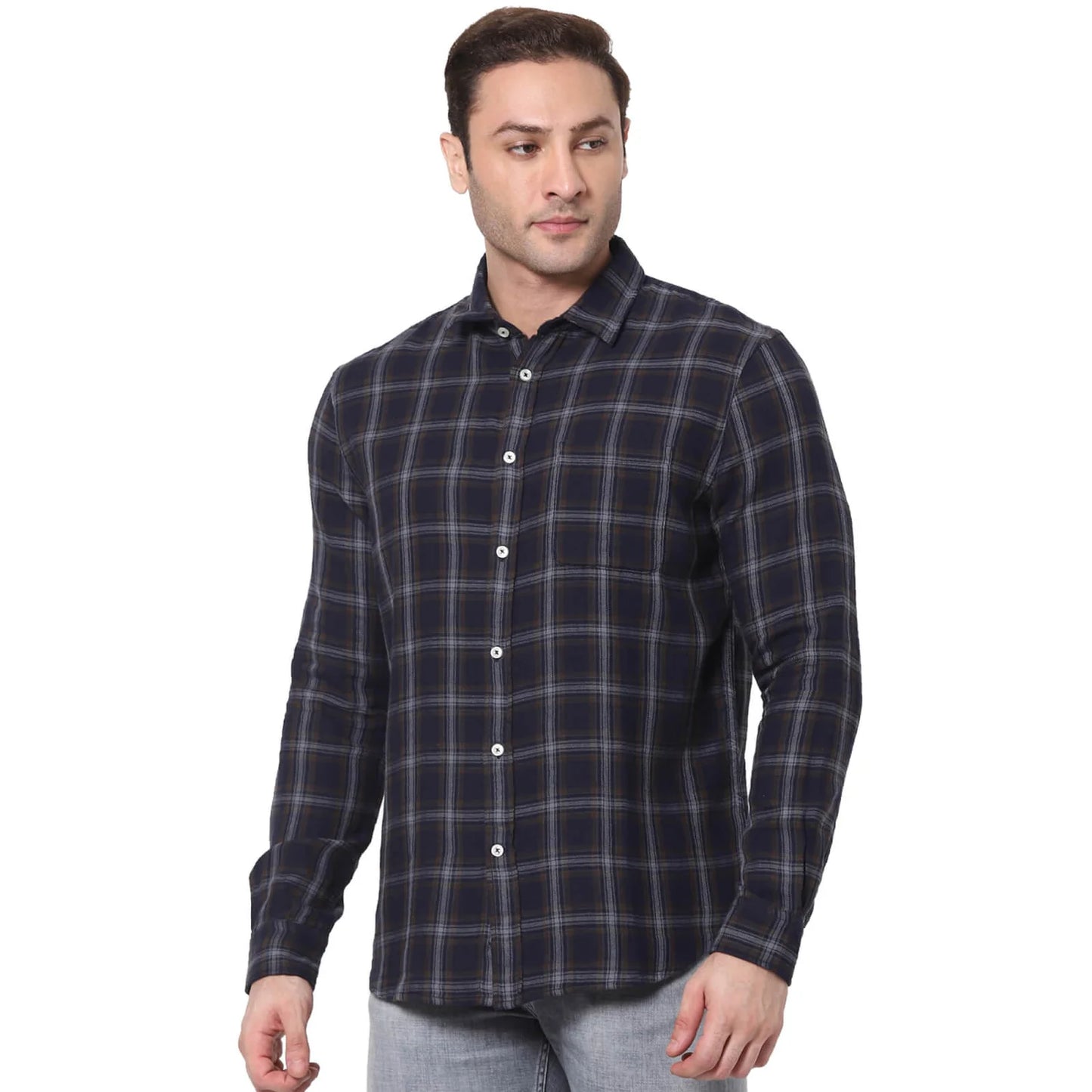 Celio* Checked Regular Fit Cotton Navy Blue Shirt