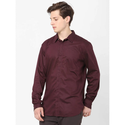 Celio* Solid Regular Fit Cotton Burgundy Shirt