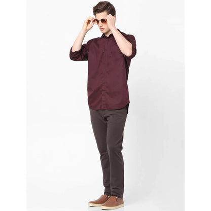 Celio* Solid Regular Fit Cotton Burgundy Shirt
