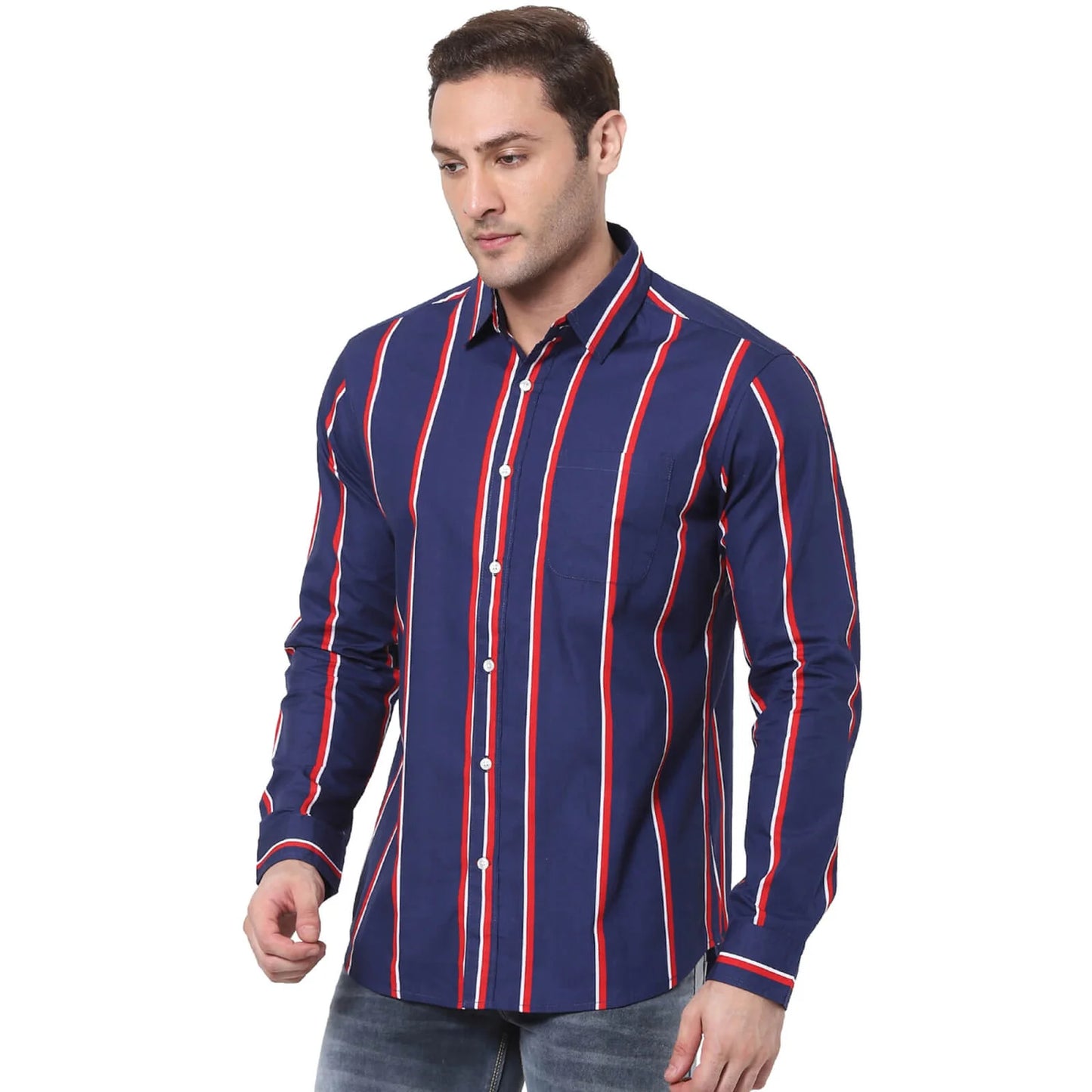 Navy Blue Striped Cotton Shirt