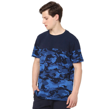 Navy Blue Colourblock Cotton T-shirt