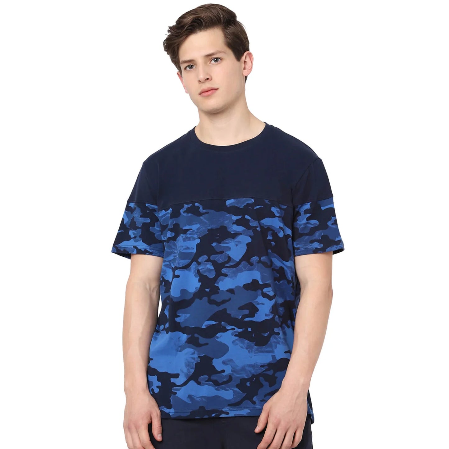 Navy Blue Colourblock Cotton T-shirt