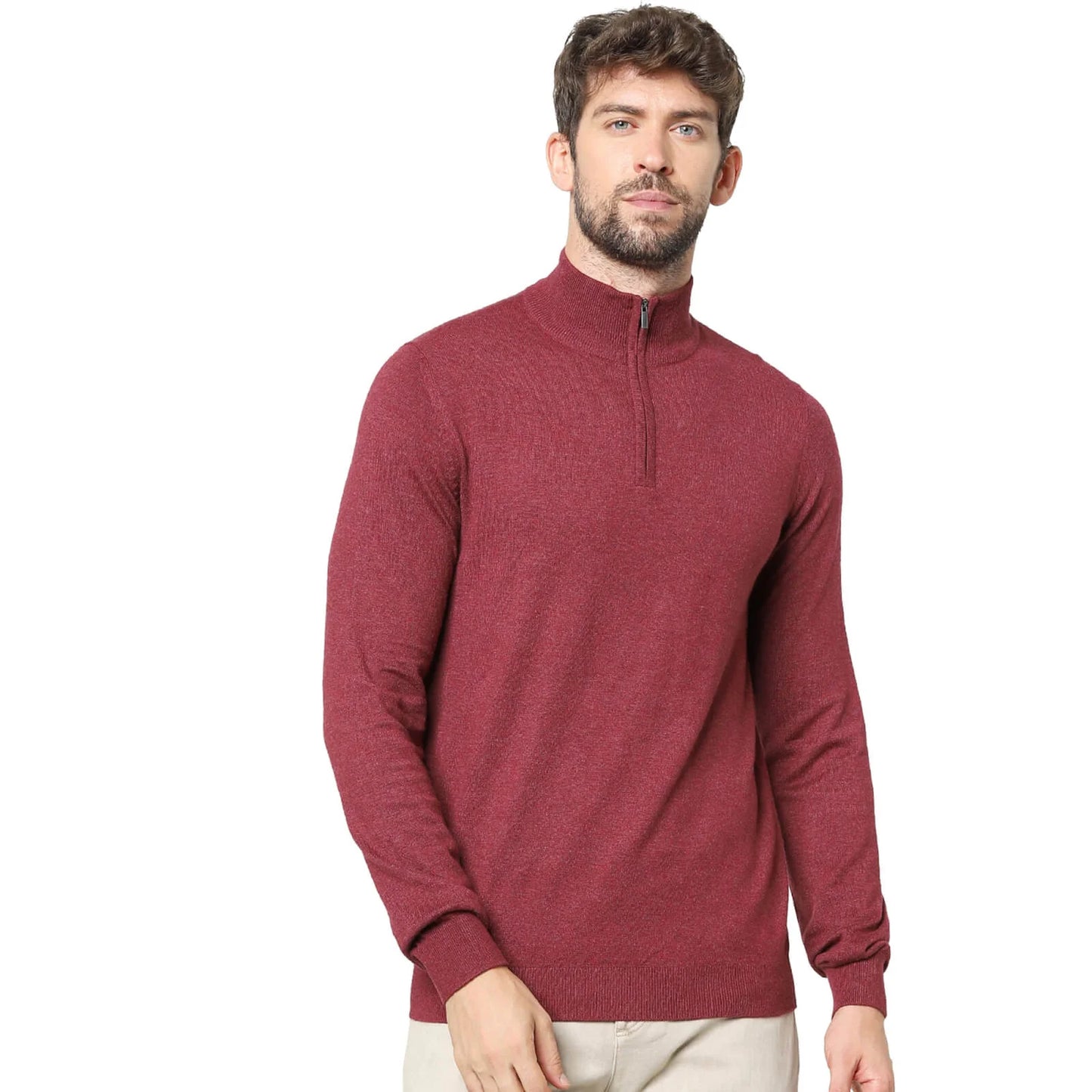 Burgundy Solid Cotton Blend Sweater