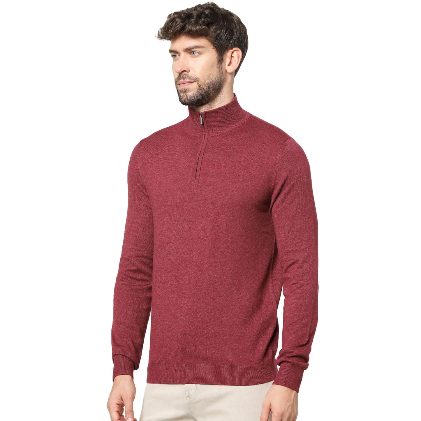 Burgundy Solid Cotton Blend Sweater