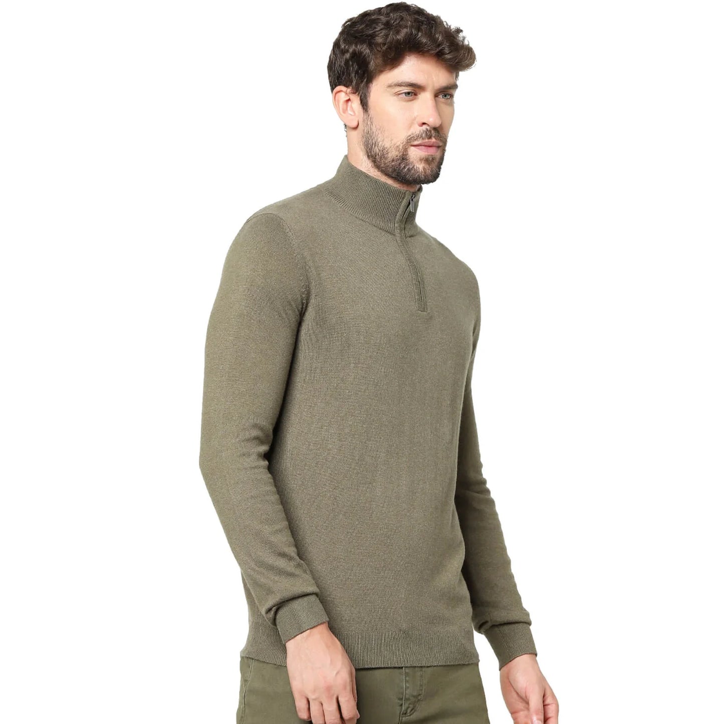 Green Solid Cotton Blend Sweater