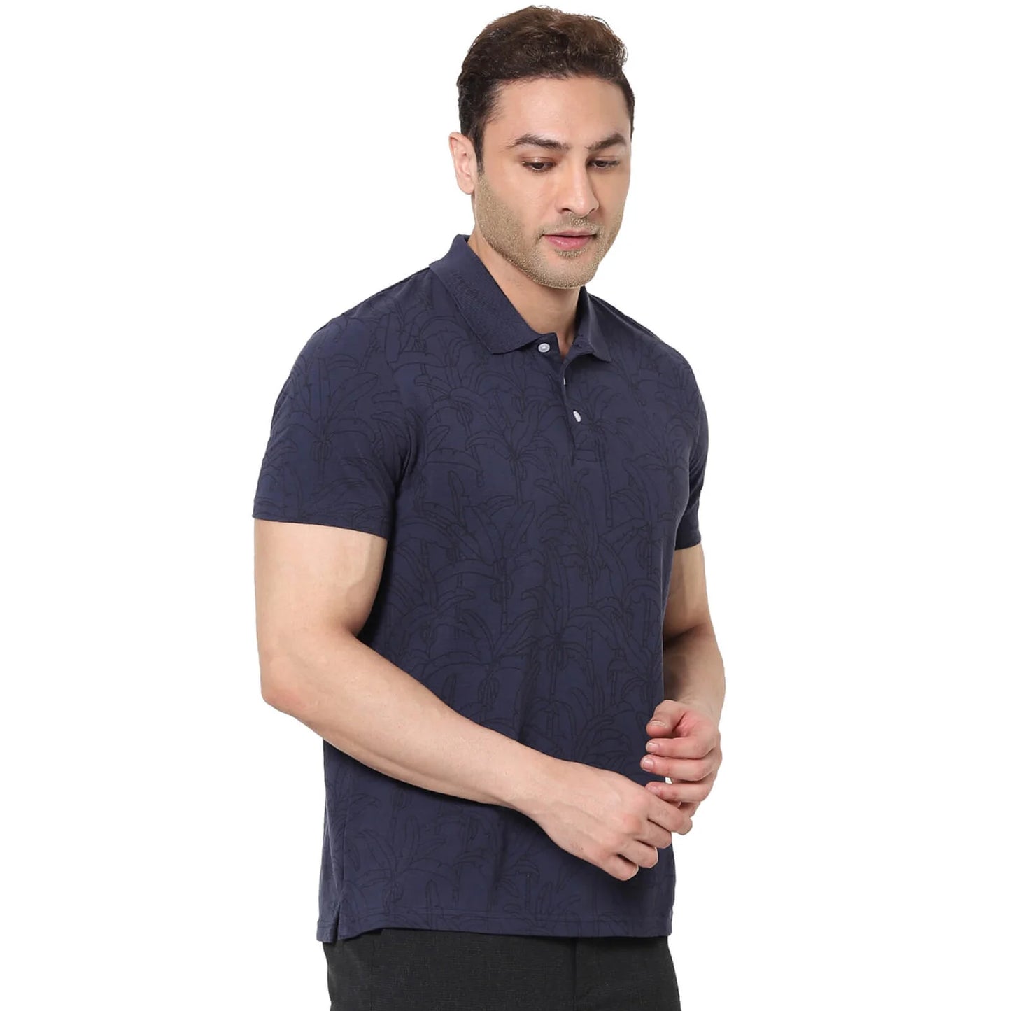 Navy Blue Printed Cotton Polo