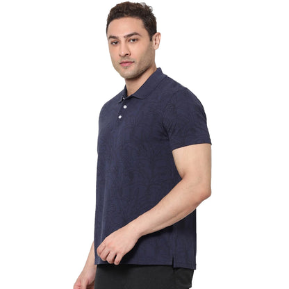 Navy Blue Printed Cotton Polo