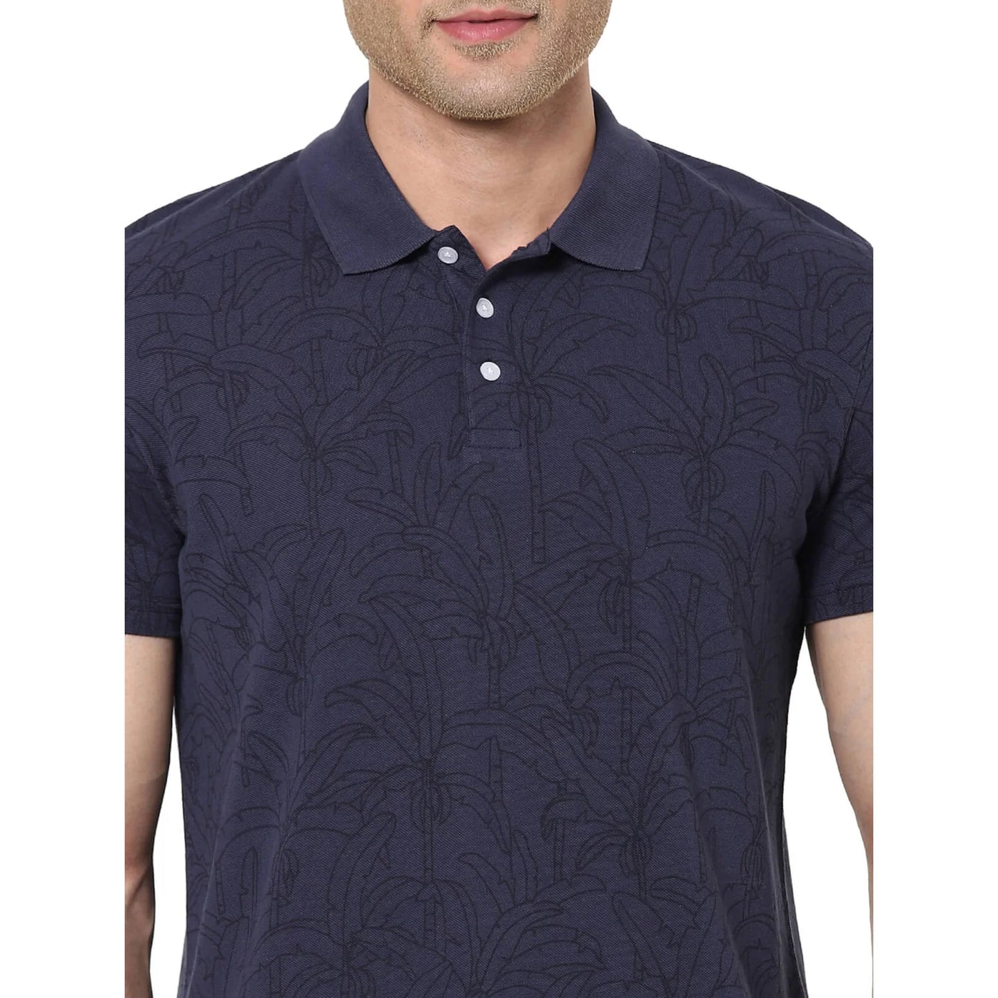 Navy Blue Printed Cotton Polo