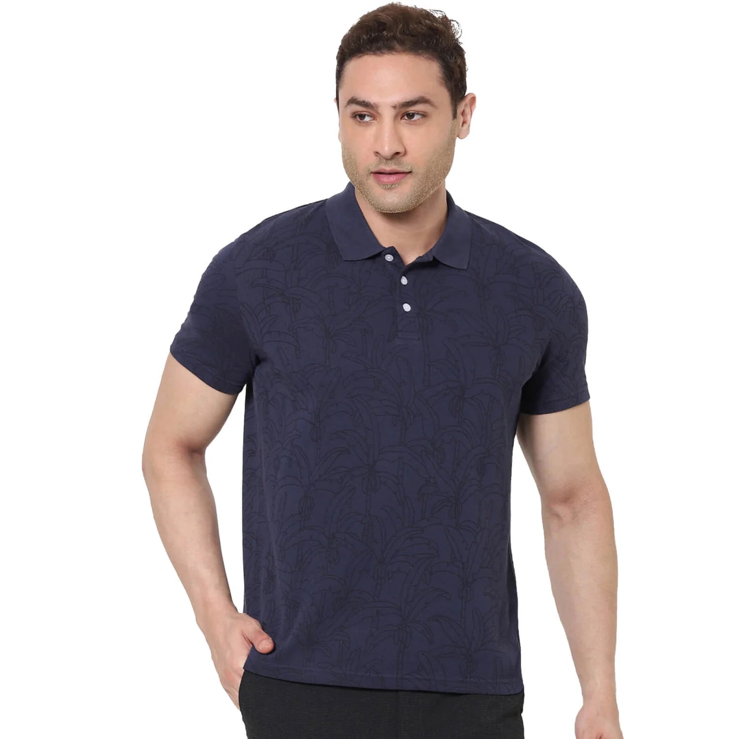 Navy Blue Printed Cotton Polo