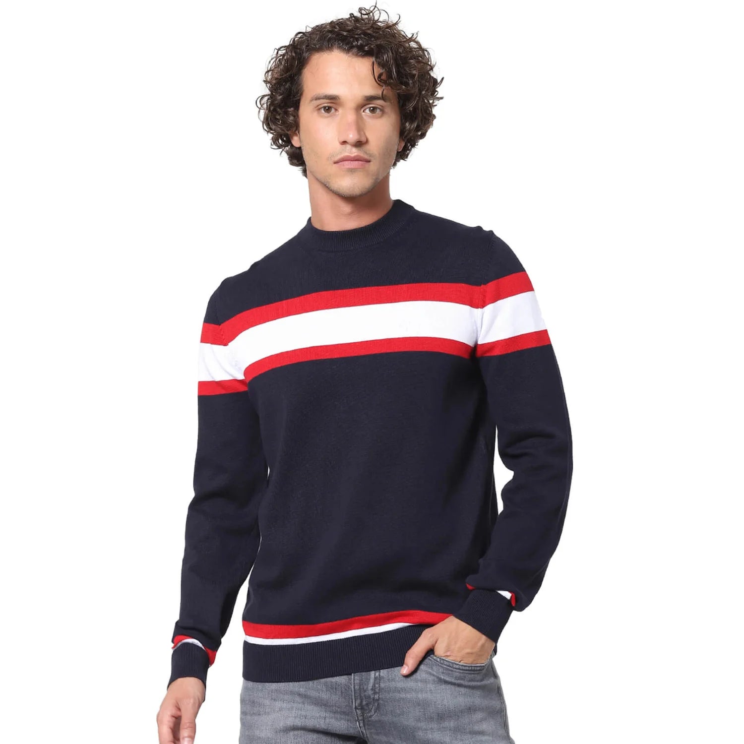 Navy Blue Striped Cotton Sweater