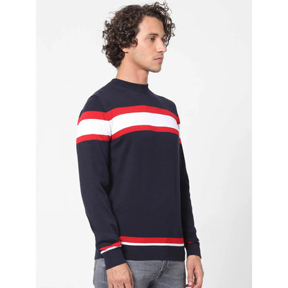 Navy Blue Colourblock Cotton Sweater