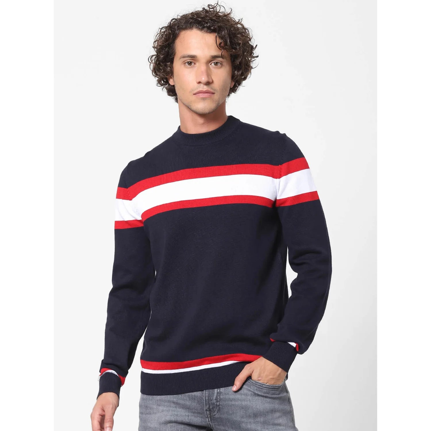 Navy Blue Colourblock Cotton Sweater