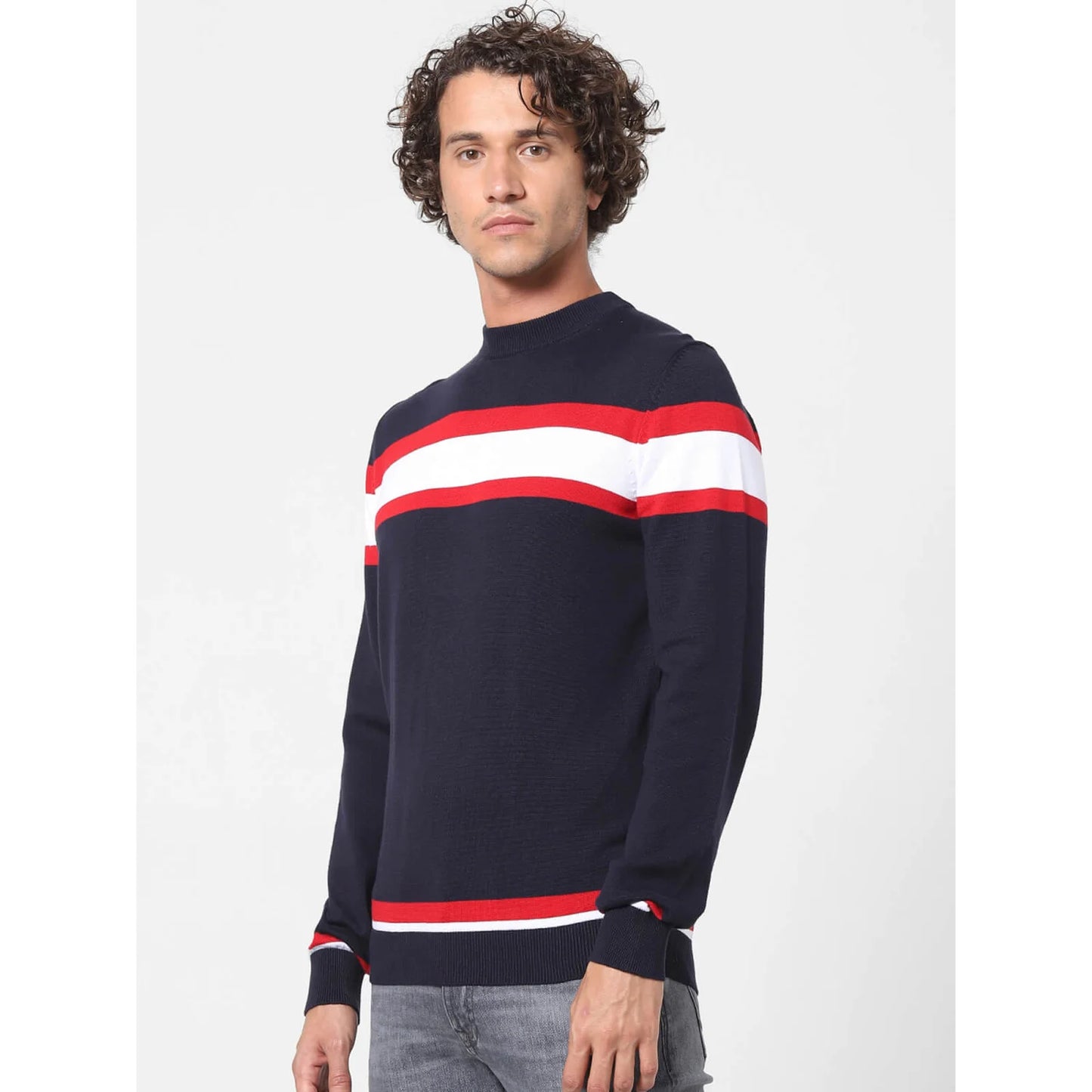 Navy Blue Colourblock Cotton Sweater