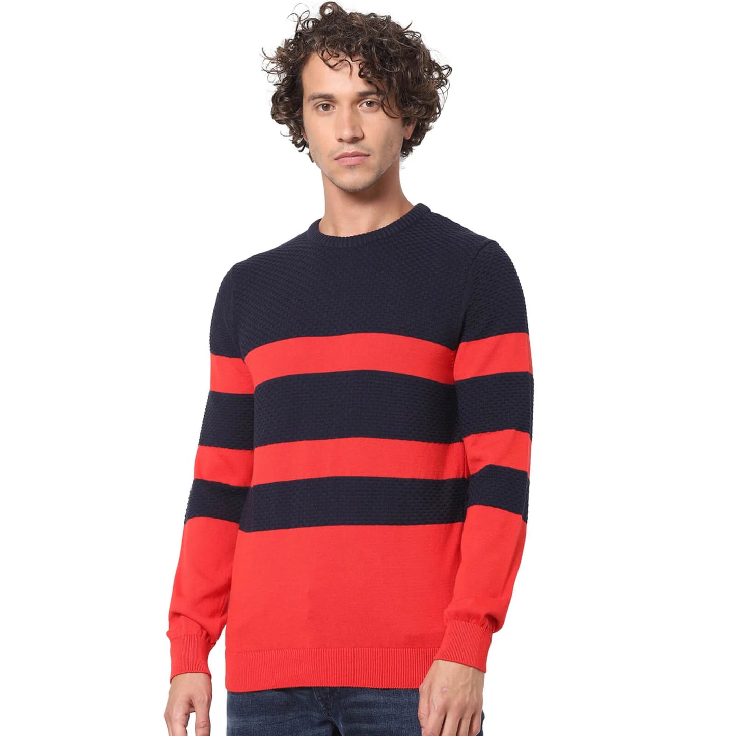 Navy Blue Striped Cotton Sweater