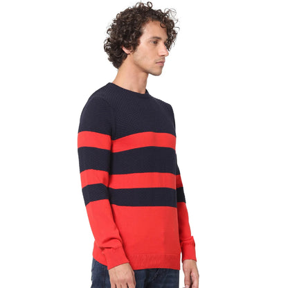 Navy Blue Striped Cotton Sweater