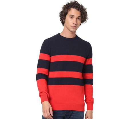 Navy Blue Striped Cotton Sweater