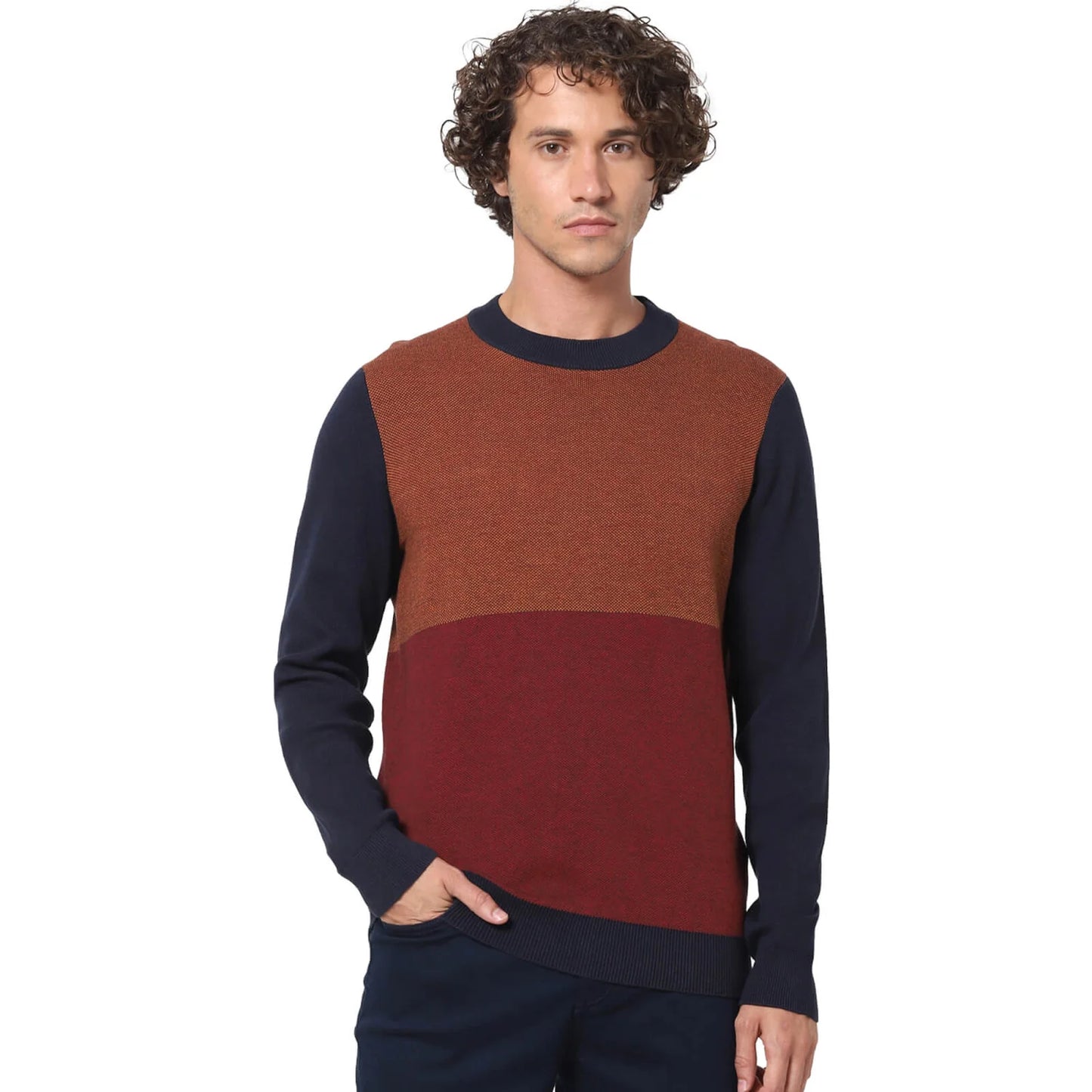 Navy Blue Colourblock Cotton Sweater