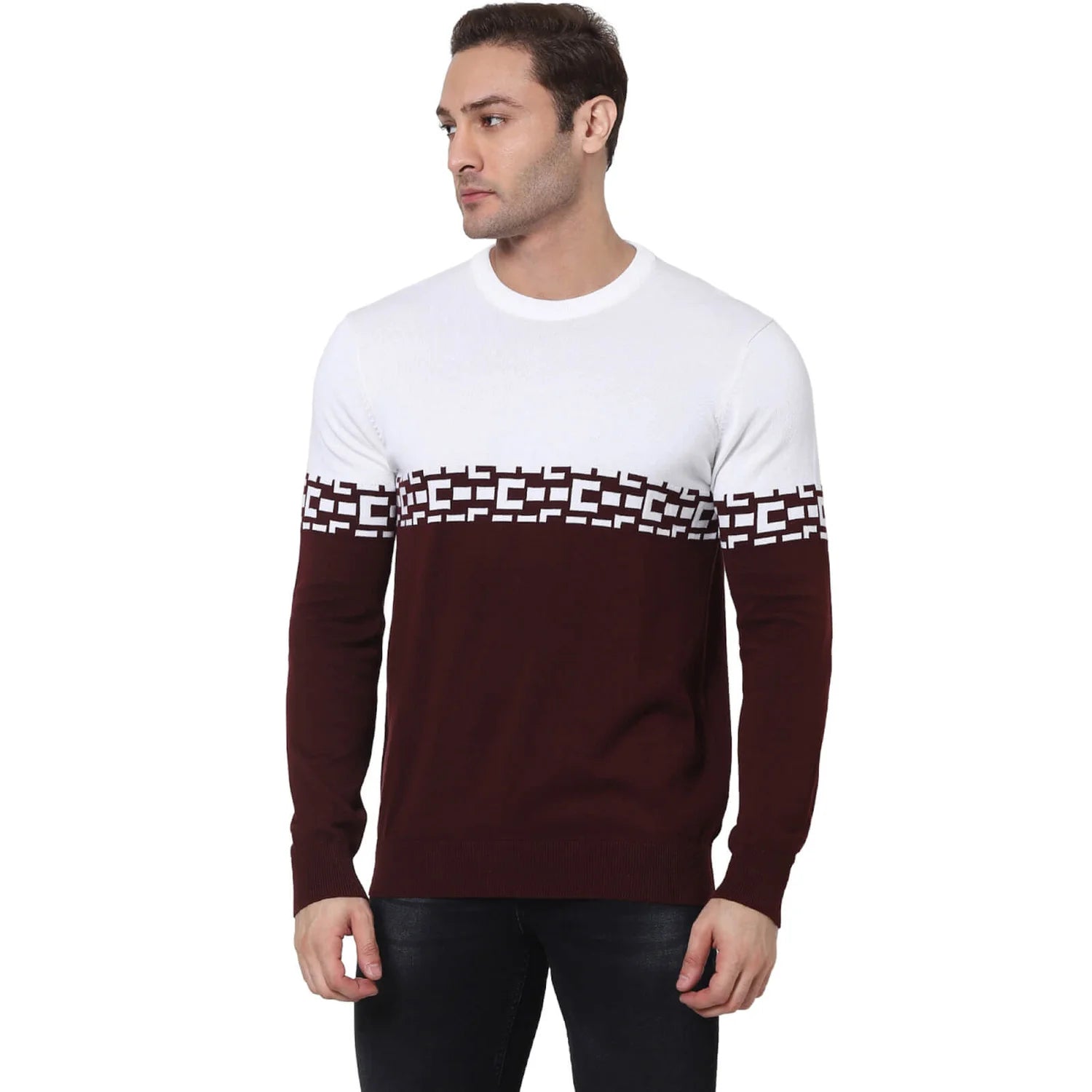 Burgundy Colourblock Cotton Sweater