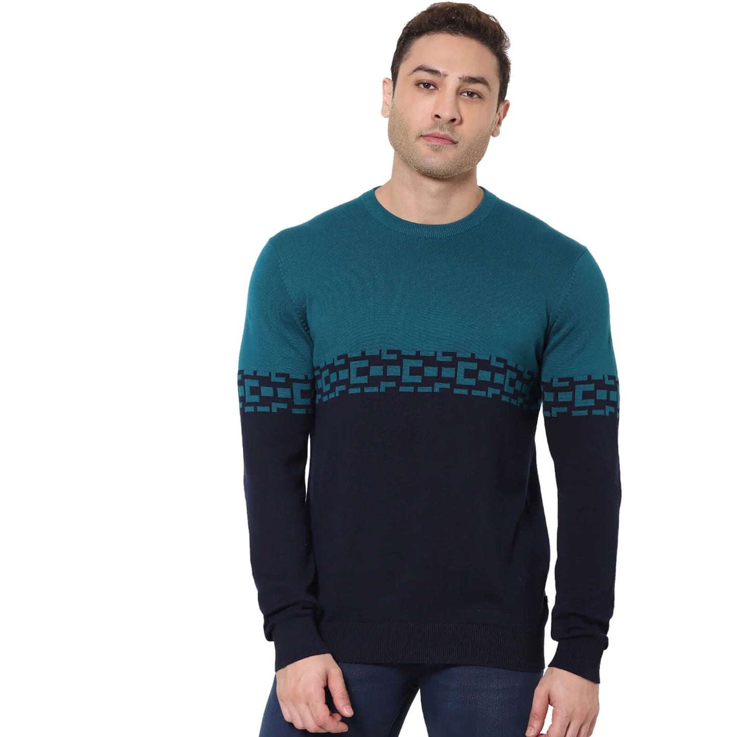 Navy Blue Graphic Printed Cotton Sweater