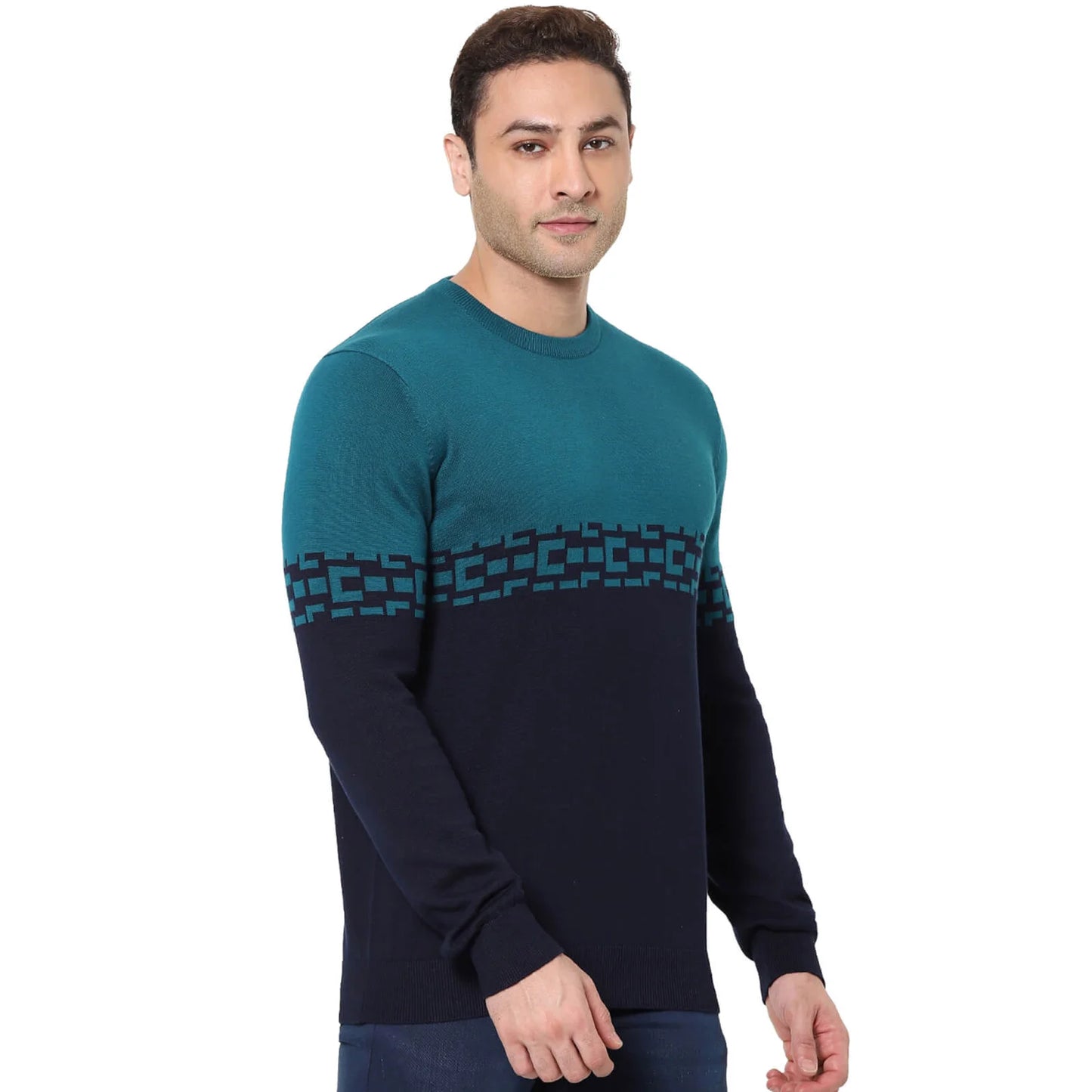 Navy Blue Graphic Printed Cotton Sweater