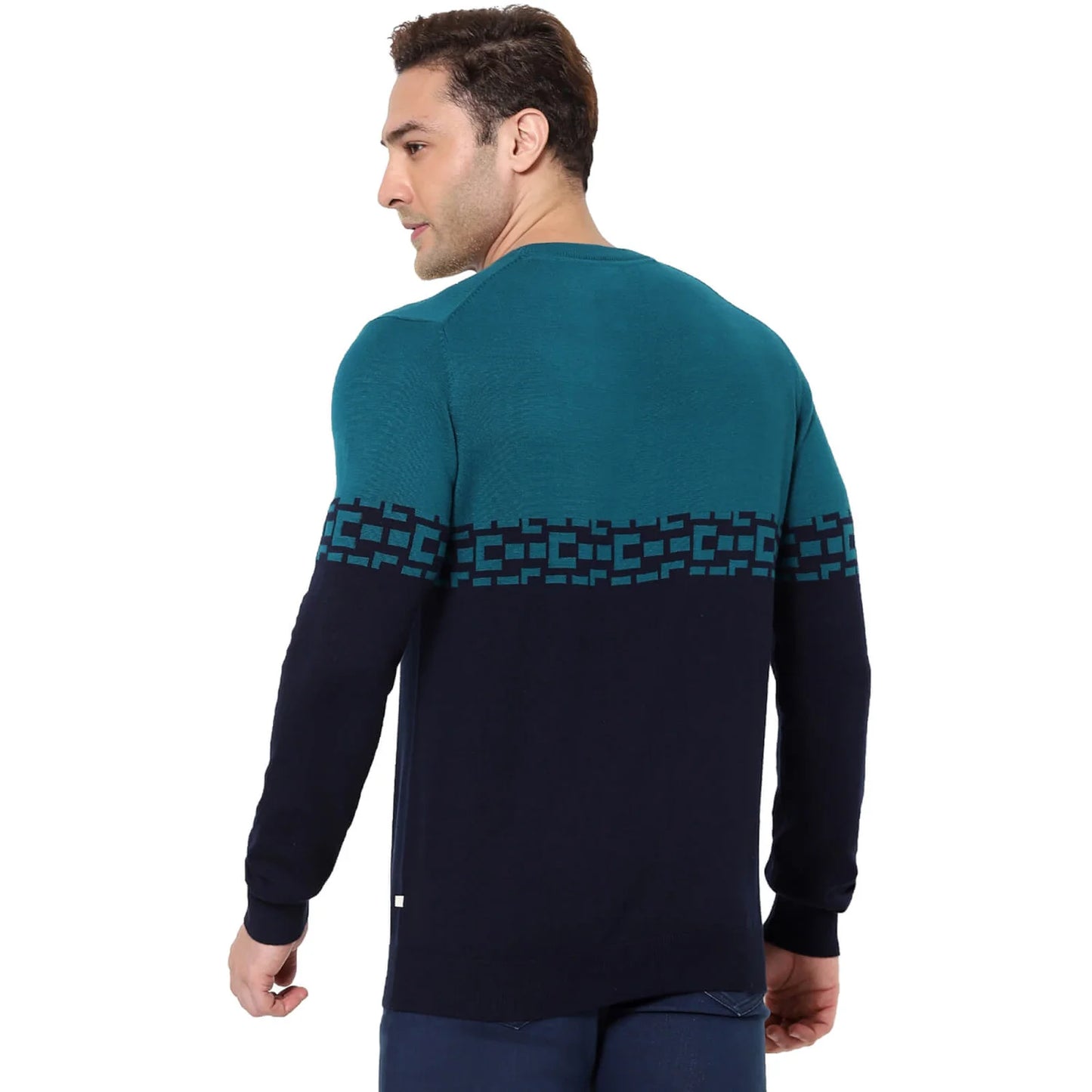 Navy Blue Colourblock Cotton Sweater