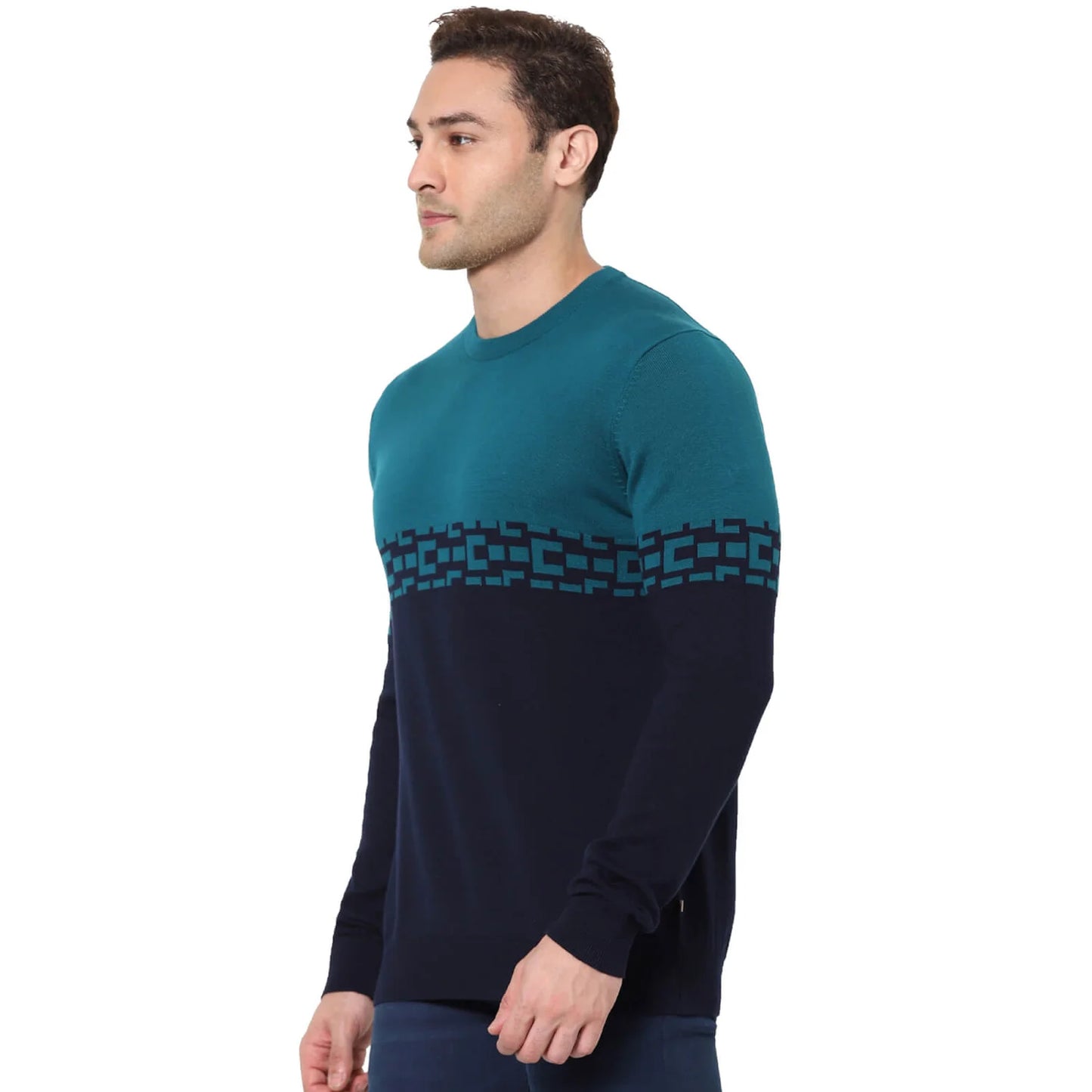 Navy Blue Colourblock Cotton Sweater