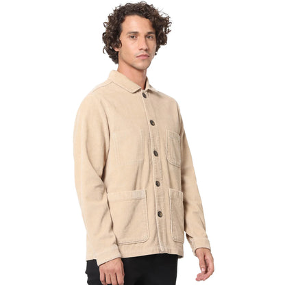 Beige Solid Cotton Jacket